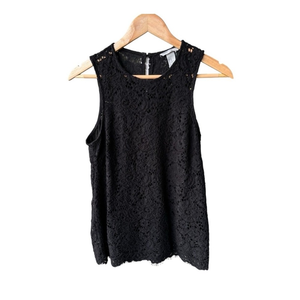 H&M Blouse Top Black Floral Lace Sleeveless Shell Scalloped Hem Keyhole Back XS